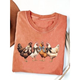 Women's Turquoise Blue Short Sleeve T-Shirt - Soft Pure Round Neck Top with Chicken Print (Hens & Bow Tie Design) - Casual & Party Wear for Spring Summer Fall - Comfortable Colors Everyday Blouse