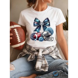 Local delivery - One piece Women's printed T-shirt -100% casual round neck short sleeved top with rugby elements, breathable and comfortable, suitable for match days, parties and daily wear, machine washable, all season casual clothing - perfect for