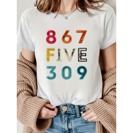 [Vibrant Graphic Tee] Vibrant Purple Women's Casual Short-Sleeve T-Shirt with Bold 867 FIVE 309 Graphic Print | Round Neck Top, Sporty Comfort Fit, Machine Washable Spring Summer Tee, Ladies T Shirts, Casual Attire, Soft Fabric