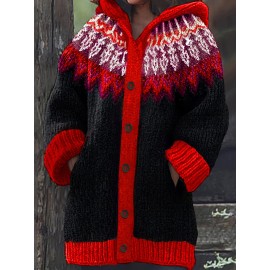 Plus Size, 2D FLAT PATTERN Soft Jacquard Glacier Snow Mountain Hooded Cardigan, Elegant, Fashionable, Comfortable, Casual And Retro Hooded Coat