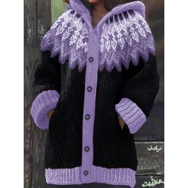 Plus Size, 2D FLAT PATTERN Soft Jacquard Glacier Snow Mountain Hooded Cardigan, Elegant, Fashionable, Comfortable, Casual And Retro Hooded Coat